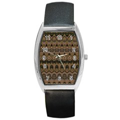 Boho Green Brown Pattern Barrel Style Metal Watch by SpinnyChairDesigns