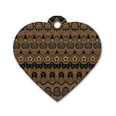 Boho Green Brown Pattern Dog Tag Heart (one Side) by SpinnyChairDesigns