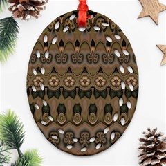 Boho Green Brown Pattern Ornament (oval Filigree) by SpinnyChairDesigns