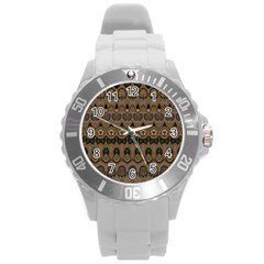 Boho Green Brown Pattern Round Plastic Sport Watch (l) by SpinnyChairDesigns