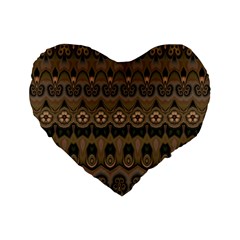 Boho Green Brown Pattern Standard 16  Premium Flano Heart Shape Cushions by SpinnyChairDesigns