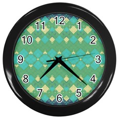 Boho Green Blue Checkered Wall Clock (black) by SpinnyChairDesigns