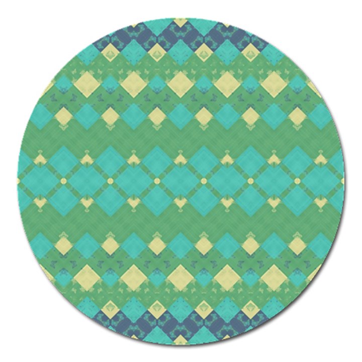 Boho Green Blue Checkered Magnet 5  (Round)