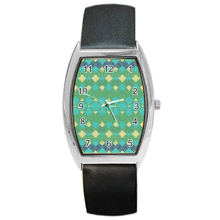 Boho Green Blue Checkered Barrel Style Metal Watch