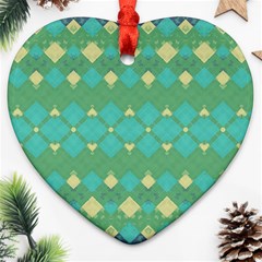 Boho Green Blue Checkered Heart Ornament (two Sides) by SpinnyChairDesigns