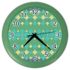 Boho Green Blue Checkered Color Wall Clock by SpinnyChairDesigns