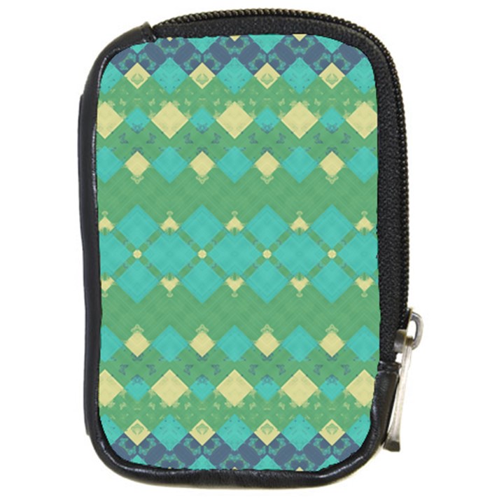 Boho Green Blue Checkered Compact Camera Leather Case