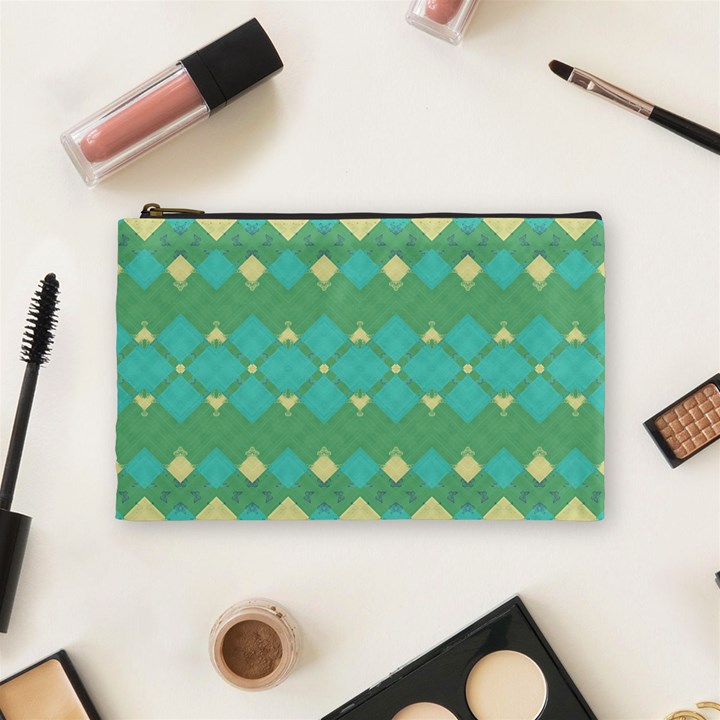 Boho Green Blue Checkered Cosmetic Bag (Medium)