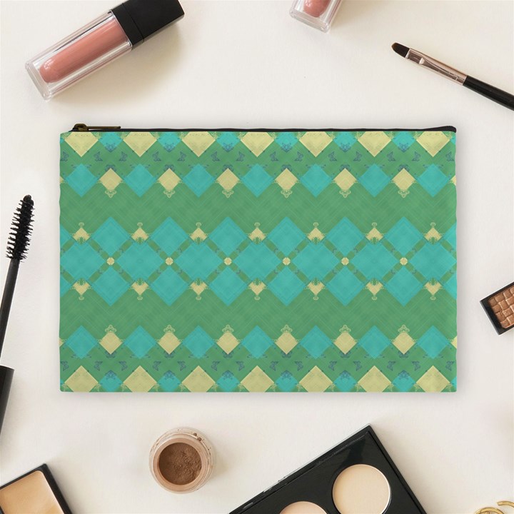 Boho Green Blue Checkered Cosmetic Bag (Large)