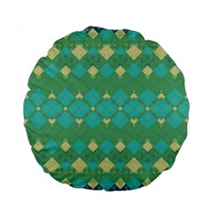 Boho Green Blue Checkered Standard 15  Premium Round Cushions by SpinnyChairDesigns