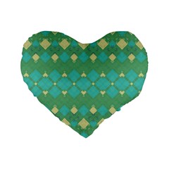 Boho Green Blue Checkered Standard 16  Premium Heart Shape Cushions by SpinnyChairDesigns