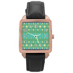 Boho Green Blue Checkered Rose Gold Leather Watch  by SpinnyChairDesigns