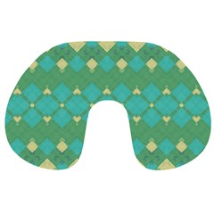 Boho Green Blue Checkered Travel Neck Pillow by SpinnyChairDesigns