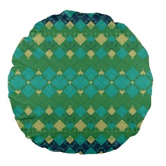 Boho Green Blue Checkered Large 18  Premium Flano Round Cushions by SpinnyChairDesigns