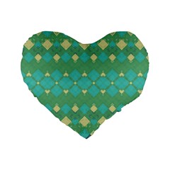 Boho Green Blue Checkered Standard 16  Premium Flano Heart Shape Cushions by SpinnyChairDesigns