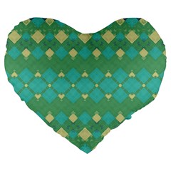 Boho Green Blue Checkered Large 19  Premium Flano Heart Shape Cushions by SpinnyChairDesigns