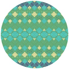 Boho Green Blue Checkered Wooden Puzzle Round by SpinnyChairDesigns