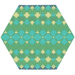 Boho Green Blue Checkered Wooden Puzzle Hexagon by SpinnyChairDesigns