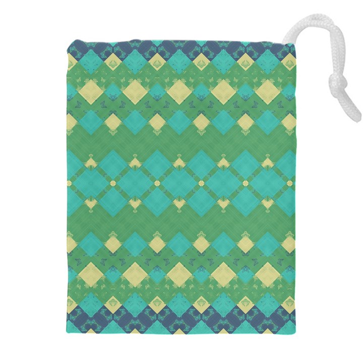 Boho Green Blue Checkered Drawstring Pouch (5XL)