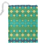 Boho Green Blue Checkered Drawstring Pouch (5XL) Back