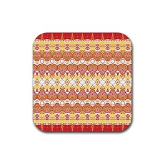 Boho Red Gold White Rubber Coaster (square)  by SpinnyChairDesigns