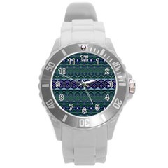 Boho Blue Green  Round Plastic Sport Watch (l) by SpinnyChairDesigns