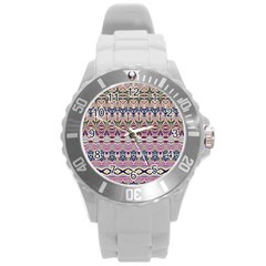 Colorful Boho Pattern Round Plastic Sport Watch (l) by SpinnyChairDesigns