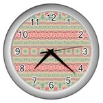 Boho Teal Pink Wall Clock (Silver) Front