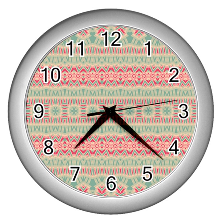 Boho Teal Pink Wall Clock (Silver)