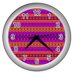 Boho Magenta And Gold Wall Clock (silver) by SpinnyChairDesigns