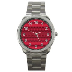 Crimson Red Pattern Sport Metal Watch by SpinnyChairDesigns