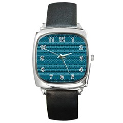 Boho Teal Pattern Square Metal Watch by SpinnyChairDesigns