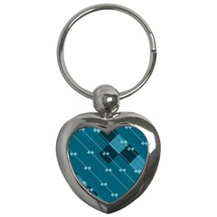 Teal Blue Stripes And Checks Key Chain (heart) by SpinnyChairDesigns