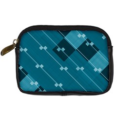 Teal Blue Stripes And Checks Digital Camera Leather Case by SpinnyChairDesigns