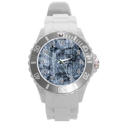 Faded Blue Texture Round Plastic Sport Watch (l) by SpinnyChairDesigns