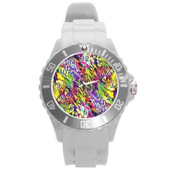 Colorful Jungle Pattern Round Plastic Sport Watch (l) by SpinnyChairDesigns