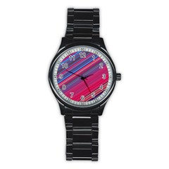 Boho Pink Blue Stripes Stainless Steel Round Watch by SpinnyChairDesigns