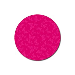 Magenta Pink Butterflies Pattern Rubber Coaster (round)  by SpinnyChairDesigns