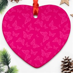 Magenta Pink Butterflies Pattern Heart Ornament (two Sides) by SpinnyChairDesigns