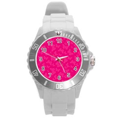 Magenta Pink Butterflies Pattern Round Plastic Sport Watch (l) by SpinnyChairDesigns