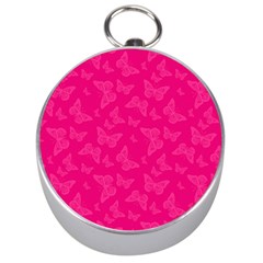 Magenta Pink Butterflies Pattern Silver Compasses by SpinnyChairDesigns