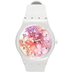 Boho Pastel Pink Floral Print Round Plastic Sport Watch (M) Front