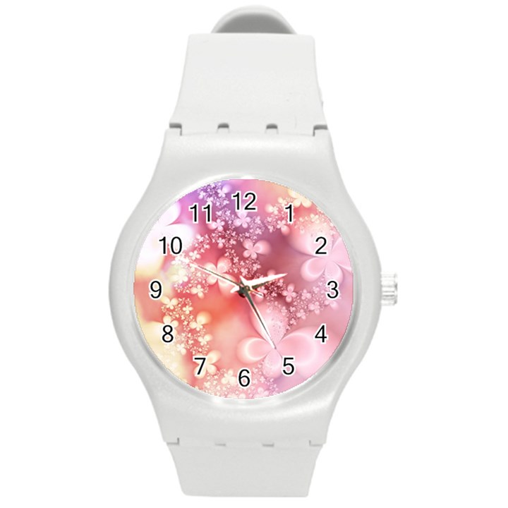 Boho Pastel Pink Floral Print Round Plastic Sport Watch (M)