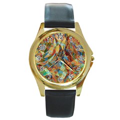 Boho Colorful Mosaic Round Gold Metal Watch by SpinnyChairDesigns