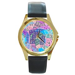 Boho Patchwork Round Gold Metal Watch by SpinnyChairDesigns