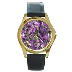 Boho Violet Mosaic Round Gold Metal Watch by SpinnyChairDesigns