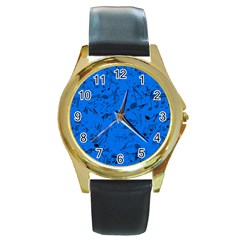 Cornflower Blue Music Notes Round Gold Metal Watch by SpinnyChairDesigns