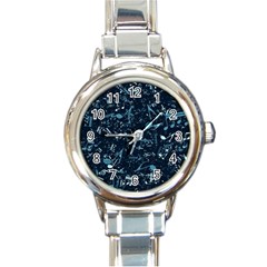 Prussian Blue Music Notes Round Italian Charm Watch by SpinnyChairDesigns