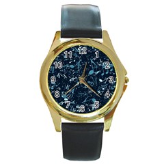 Prussian Blue Music Notes Round Gold Metal Watch by SpinnyChairDesigns