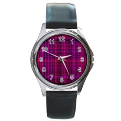 Fuchsia Madras Plaid Round Metal Watch by SpinnyChairDesigns